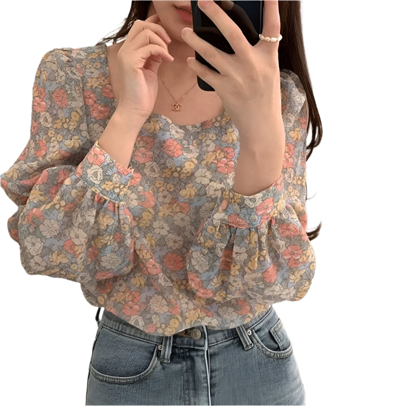 Bluse mit Blumenmuster und eckigem Ausschnitt